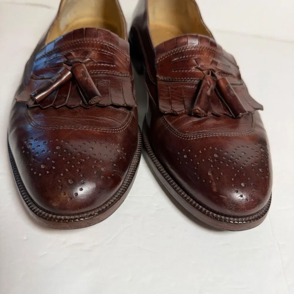 Johnston & Murphy Mens 13M Brown Leather Tassel Loafers Italy Kiltie Dress Shoes
